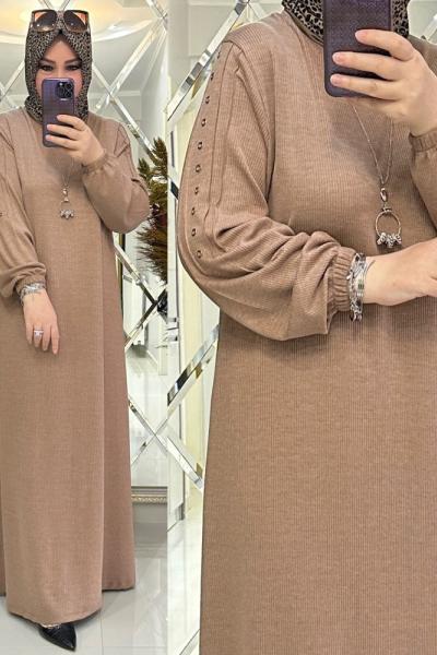 İkra elbise fitilli penye kumaş sütlükahve