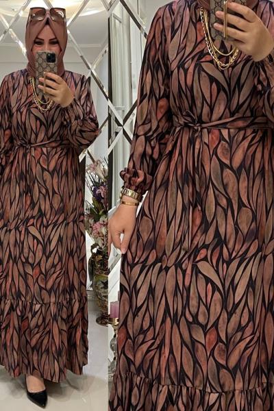 İthal Krep Yaprak Desenli Elbise Siyah