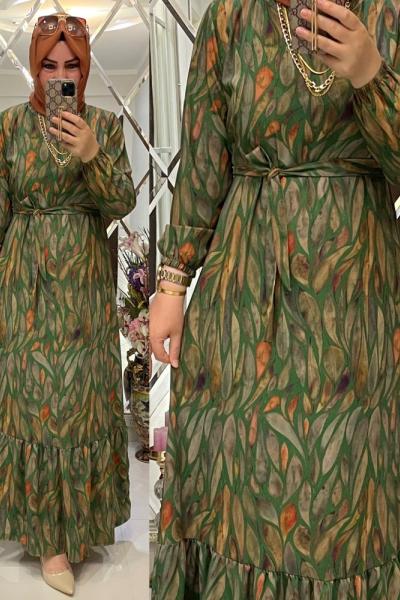 İthal Krep Yaprak Desenli Elbise Zümrüt