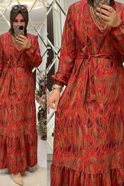 İthal Krep Yaprak Desenli Elbise Bordo