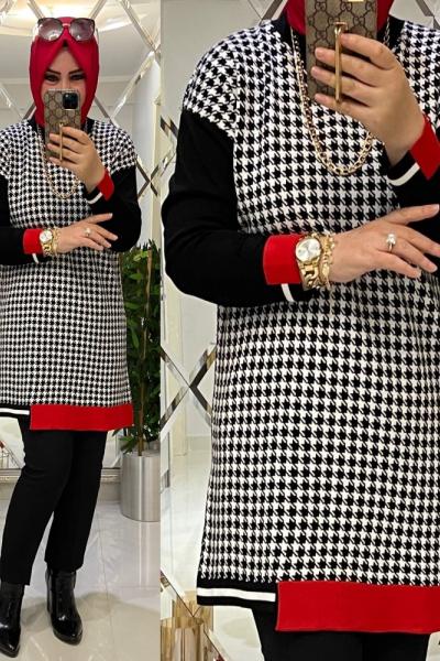 Kırmızı şeritli kazayağı triko tunik