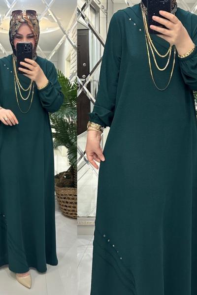 Lamia elbise ayrobin kumaş zümrüt