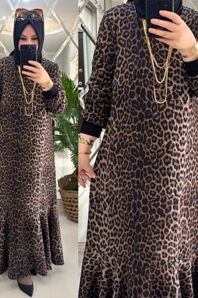Leopar elbise kalın kışlık viskon kumaş kahve