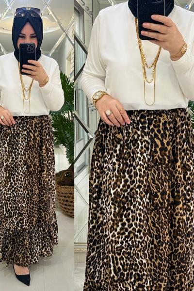 Leopar ince desen viskon kumaş etek