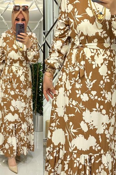 Lidya viskon elbise ekru/kahve