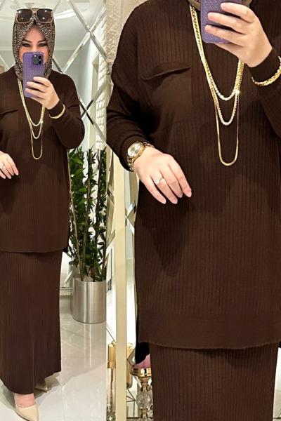 Melda etekli takım fitilli triko kahve