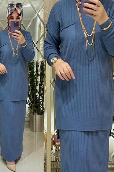 Melda etekli takım fitilli triko mavi