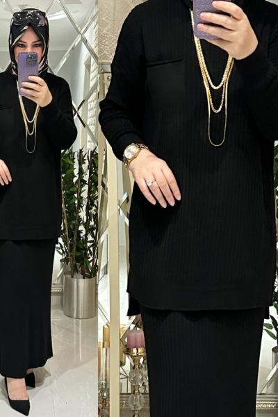 Melda etekli takım fitilli triko siyah