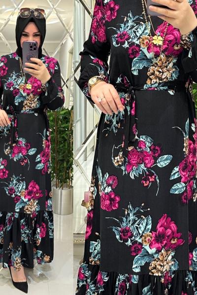 Menekşe çiçekli viskon elbise pembeli