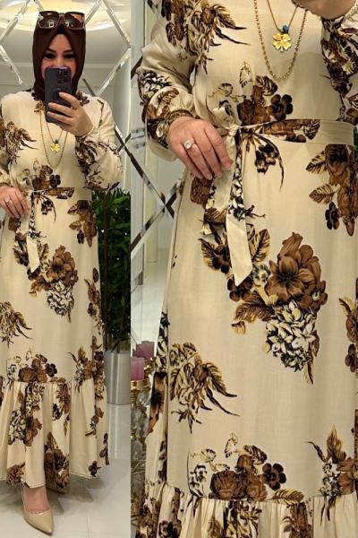 Menekşe çiçekli viskon elbise krem