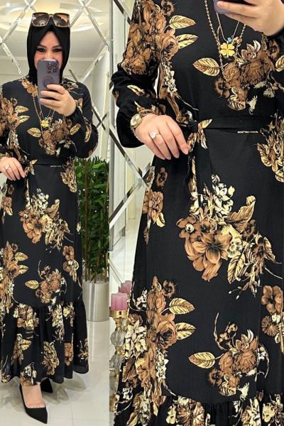 Menekşe çiçekli viskon elbise kahveli