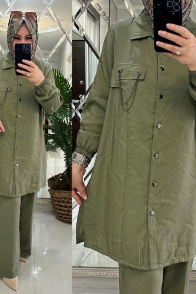 Mercan takım keten qupra kumaş haki