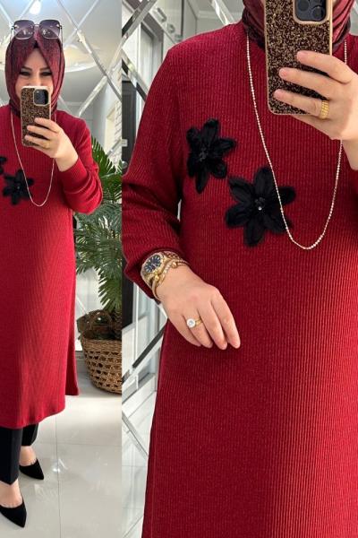 Mercan tunik fitilli yumoş triko kırmızı
