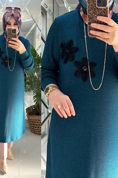 Mercan tunik fitilli yumoş triko petrol