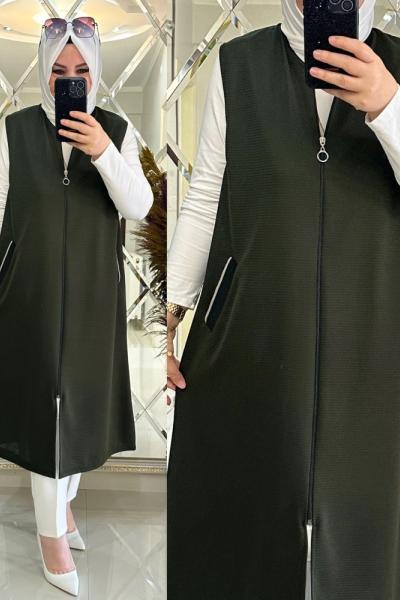 Merve yelek fitilli scuba kumaş haki