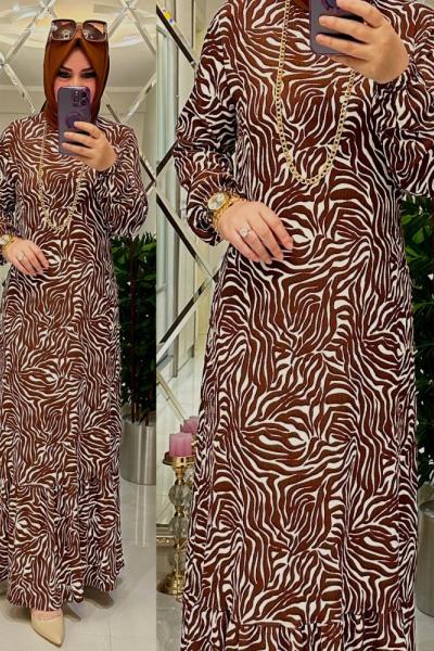 Mira Zebralı Bürümcük Elbise Kahve