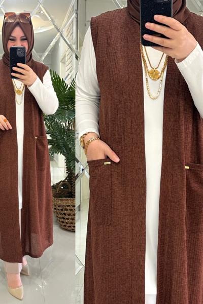 Mısra yelek kaşkorse kumaş kahve