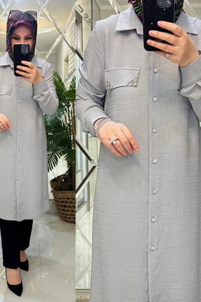 Monaco gömlek krinkıl krep kumaş gri