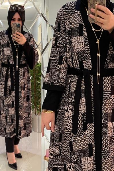 Nare örme krep penye kimono takım siyah