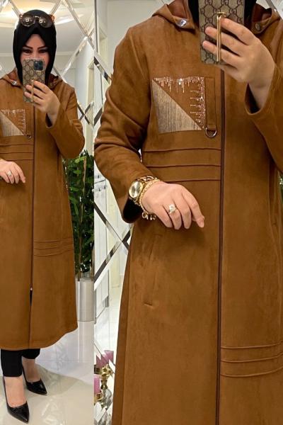 Narin yakası taşlı süet kap taba