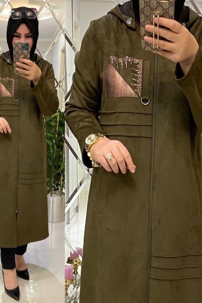 Narin yakası taşlı süet kap haki