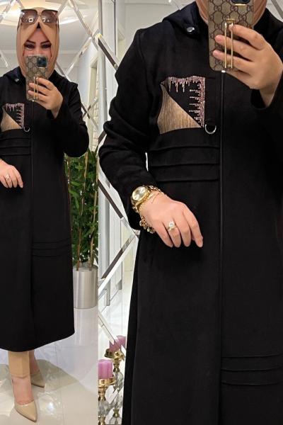 Narin yakası taşlı süet kap siyah