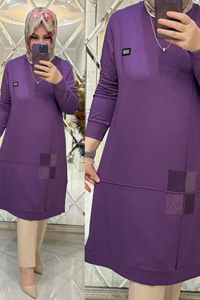 Neslim tunik kristal penye kumaş mor