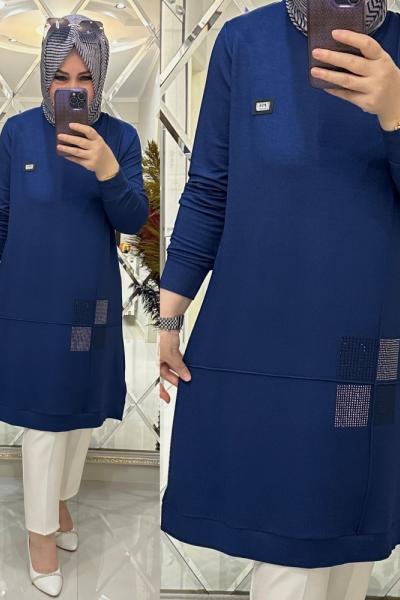 Neslim tunik kristal penye kumaş mavi