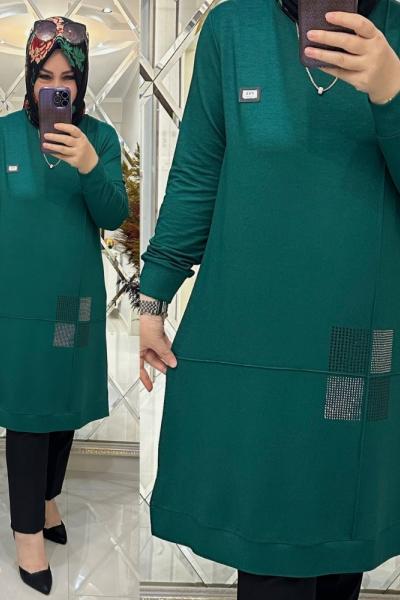 Neslim tunik kristal penye kumaş yeşil