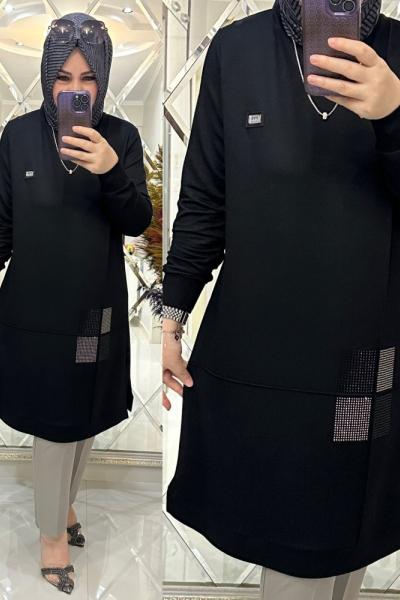 Neslim tunik kristal penye kumaş siyah
