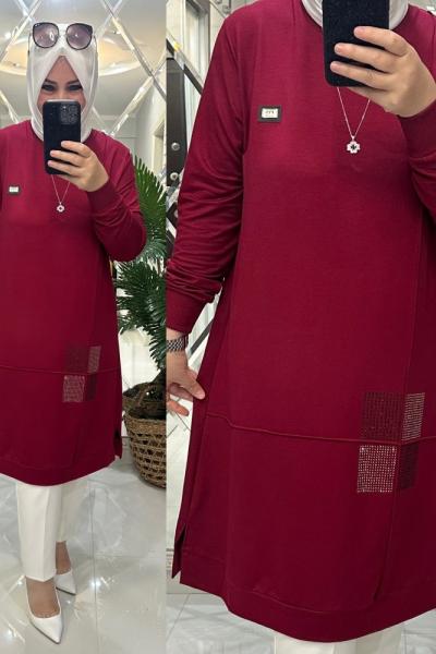 Neslim tunik kristal penye kumaş kırmızı