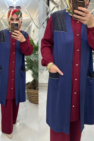 Nurcan yelek inci penye kumaş mavi