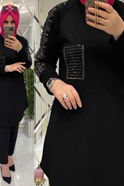 Omuzları taşlı çelik penye tunik