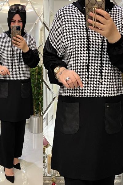 Önden cepli kazayağı desenli takım