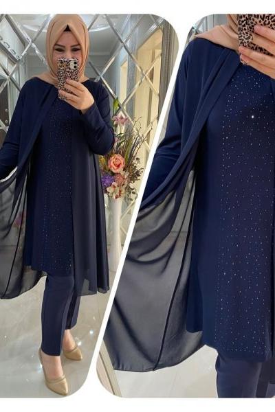 Önü Taşlı  Şifonlu Lacivert Tunik