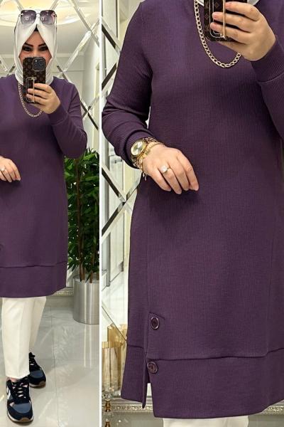Özlem düğmeli atlas kumaş tunik mor