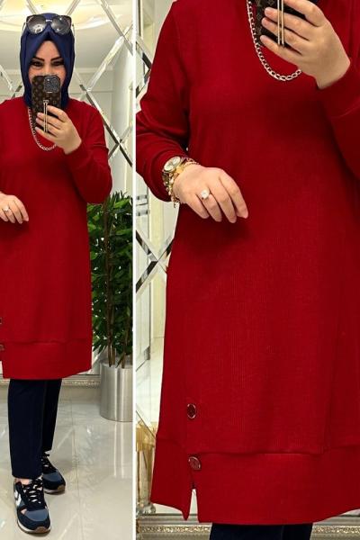 Özlem düğmeli atlas kumaş tunik kırmızı
