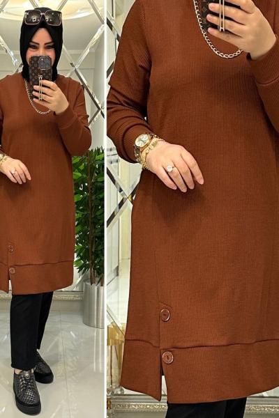 Özlem düğmeli atlas kumaş tunik tarçın