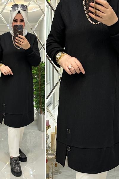 Özlem düğmeli atlas kumaş tunik siyah