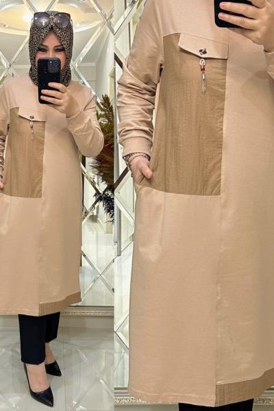 Özlem tunik ikiiplik penye kumaş bej