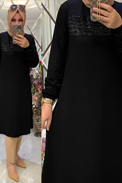 Peluş şeritli ikiiplik bella tunik siyah