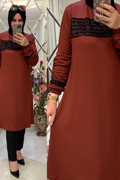 Peluş şeritli ikiiplik bella tunik kiremit