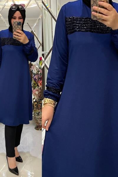 Peluş şeritli ikiiplik bella tunik mavi