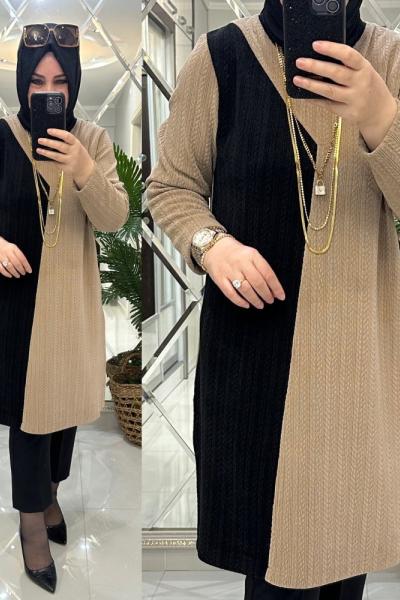 Peluş triko tunik siyah/sütlükahve