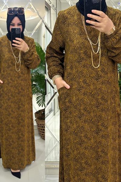 Petek elbise viskon kumaş hardal