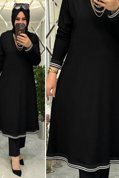 Ribanalı ikiiplik penye tunik siyah