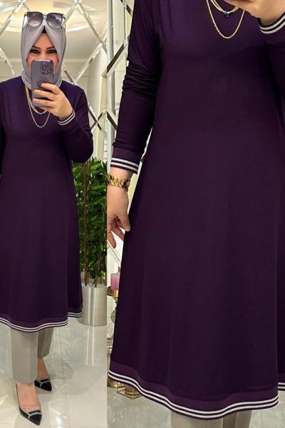 Ribanalı ikiiplik penye tunik mor