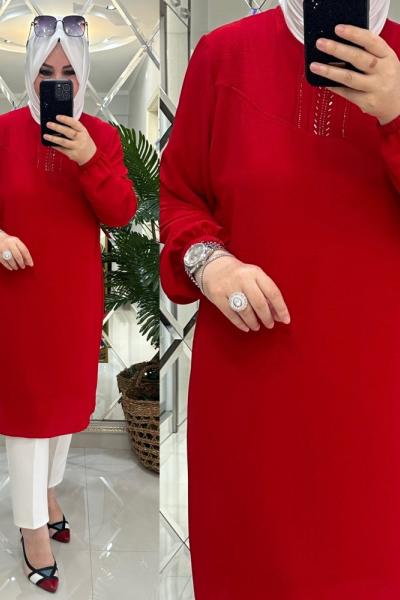 Sare tunik taş detaylı ince krep kırmızı