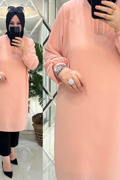 Sare tunik taş detaylı ince krep pudra