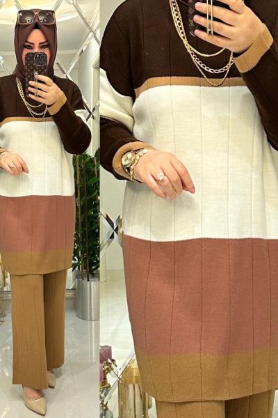 Serda yumuşak triko takım kahve/kemik